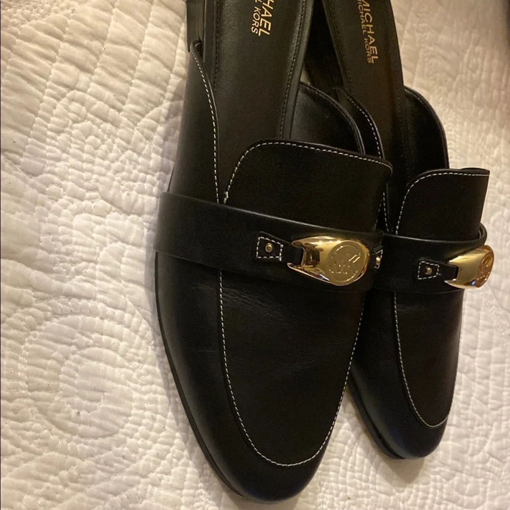Michael Kors Black Leather Slip-On Loafers with Gold Accent